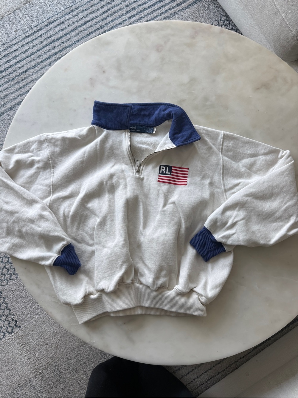 Ralph Lauren Cream Pullover with Navy Trim and Flag Patch
